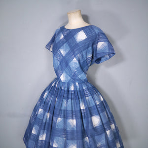 60s HERMAN MARCUS BRIGHT BLUE AND WHITE CHECK DAY DRESS - S-M