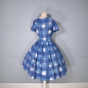 60s HERMAN MARCUS BRIGHT BLUE AND WHITE CHECK DAY DRESS - S-M