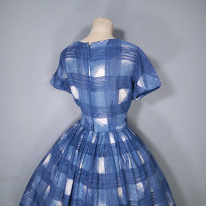 60s HERMAN MARCUS BRIGHT BLUE AND WHITE CHECK DAY DRESS - S-M