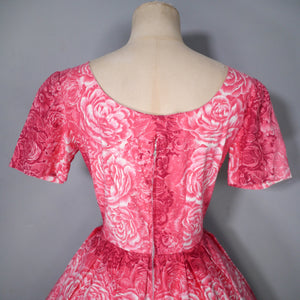 50s HANDMADE SHADED PINK ROSE FLORAL PRINT COTTON DAY DRESS - XS