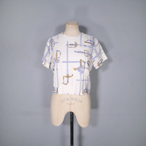 50s CROPPED NOVELY SWORD / RAPIER PRINT TOP / BLOUSE - M