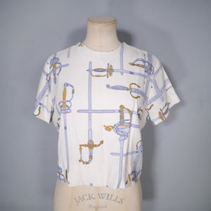 50s CROPPED NOVELY SWORD / RAPIER PRINT TOP / BLOUSE - M