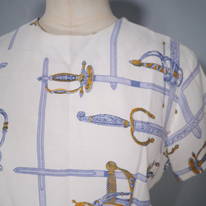 50s CROPPED NOVELY SWORD / RAPIER PRINT TOP / BLOUSE - M