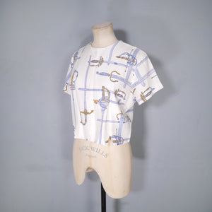 50s CROPPED NOVELY SWORD / RAPIER PRINT TOP / BLOUSE - M