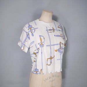 50s CROPPED NOVELY SWORD / RAPIER PRINT TOP / BLOUSE - M