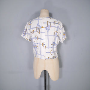 50s CROPPED NOVELY SWORD / RAPIER PRINT TOP / BLOUSE - M