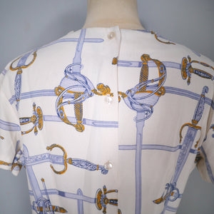 50s CROPPED NOVELY SWORD / RAPIER PRINT TOP / BLOUSE - M