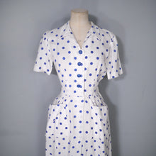 Load image into Gallery viewer, LATE 40s PEGGY PAGE BLUE WHITE POLKA DOT FITTED DAY DRESS - S