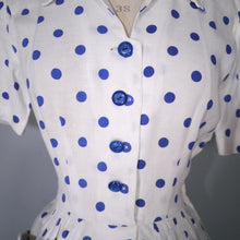 Load image into Gallery viewer, LATE 40s PEGGY PAGE BLUE WHITE POLKA DOT FITTED DAY DRESS - S