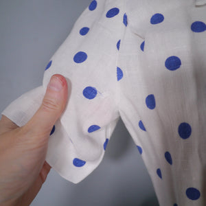 LATE 40s PEGGY PAGE BLUE WHITE POLKA DOT FITTED DAY DRESS - S