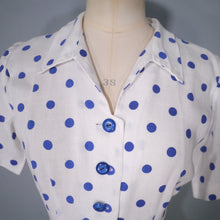 Load image into Gallery viewer, LATE 40s PEGGY PAGE BLUE WHITE POLKA DOT FITTED DAY DRESS - S