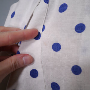 LATE 40s PEGGY PAGE BLUE WHITE POLKA DOT FITTED DAY DRESS - S