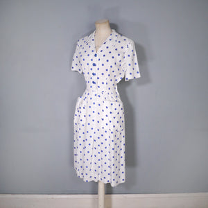 LATE 40s PEGGY PAGE BLUE WHITE POLKA DOT FITTED DAY DRESS - S