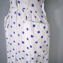 Load image into Gallery viewer, LATE 40s PEGGY PAGE BLUE WHITE POLKA DOT FITTED DAY DRESS - S