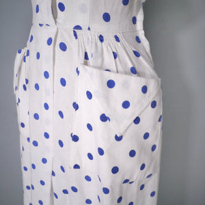 LATE 40s PEGGY PAGE BLUE WHITE POLKA DOT FITTED DAY DRESS - S
