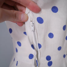 Load image into Gallery viewer, LATE 40s PEGGY PAGE BLUE WHITE POLKA DOT FITTED DAY DRESS - S