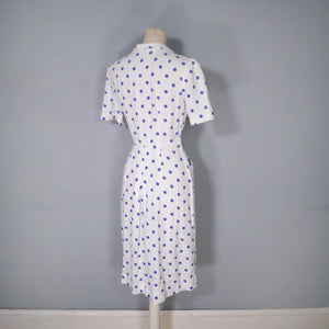 LATE 40s PEGGY PAGE BLUE WHITE POLKA DOT FITTED DAY DRESS - S