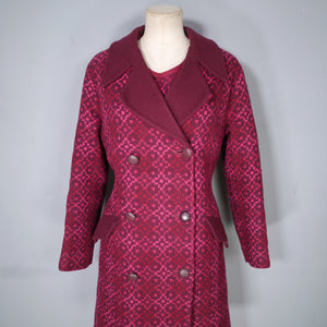 60s RESETA DARK BURGUNDY, RED AND PINK WELSH TAPESTRY DRESS AND COAT SET - M