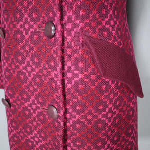 60s RESETA DARK BURGUNDY, RED AND PINK WELSH TAPESTRY DRESS AND COAT SET - M