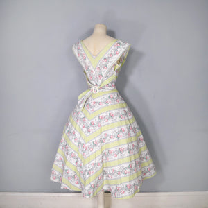 50s PALE GREEN ROSE BAND PRINT COTTON DAY DRESS - XS-S