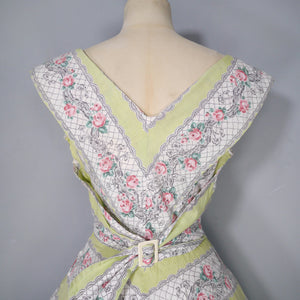 50s PALE GREEN ROSE BAND PRINT COTTON DAY DRESS - XS-S