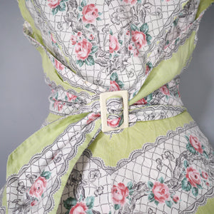 50s PALE GREEN ROSE BAND PRINT COTTON DAY DRESS - XS-S