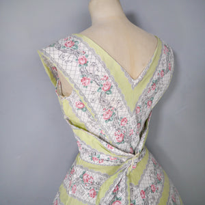 50s PALE GREEN ROSE BAND PRINT COTTON DAY DRESS - XS-S