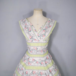 50s PALE GREEN ROSE BAND PRINT COTTON DAY DRESS - XS-S