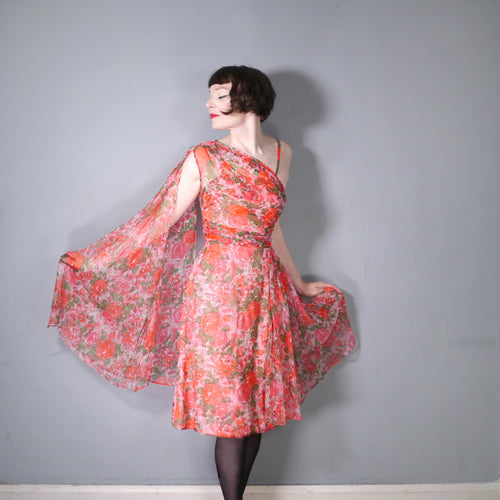 60s KITTY COPELAND RED FLORAL COCKTAIL DRESS WITH CAPE BACK - XS