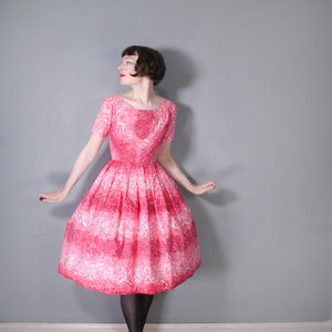 50s HANDMADE SHADED PINK ROSE FLORAL PRINT COTTON DAY DRESS - XS