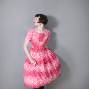 50s HANDMADE SHADED PINK ROSE FLORAL PRINT COTTON DAY DRESS - XS