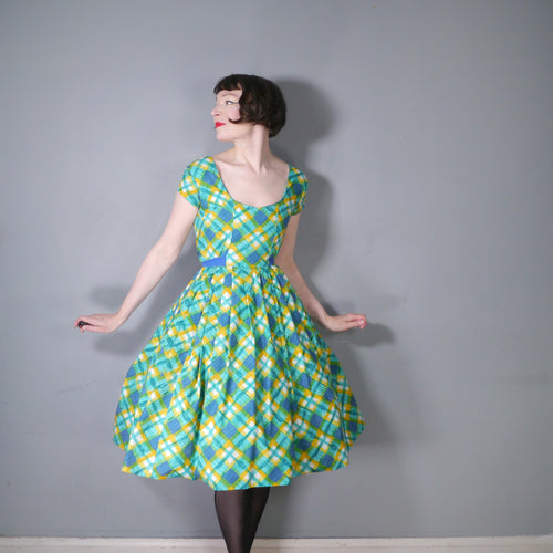 50s BRIGHT GREEN, BLUE AND YELLOW CHECK COTTON DRESS - XS