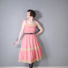 Load image into Gallery viewer, 70s PINK AND YELLOW LACE TIE SHOULDER STRAPPY SUN DRESS - S-M