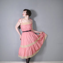 Load image into Gallery viewer, 70s PINK AND YELLOW LACE TIE SHOULDER STRAPPY SUN DRESS - S-M