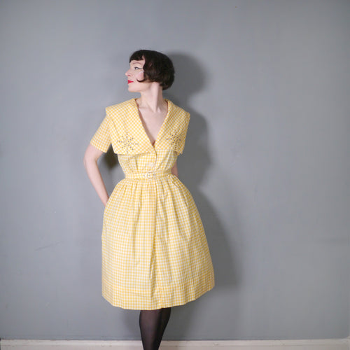 50s 60s HANDMADE YELLOW GINGHAM SHIRT DRESS WITH EMBROIDERED COLLAR - M