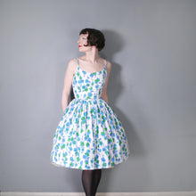 Load image into Gallery viewer, 60s BLUE VIOLET FLORAL STRAPPY FULL SKIRTED SUN DRESS - XS