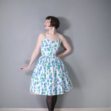 Load image into Gallery viewer, 60s BLUE VIOLET FLORAL STRAPPY FULL SKIRTED SUN DRESS - XS