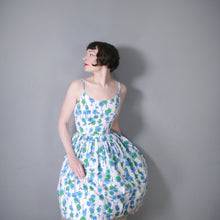 Load image into Gallery viewer, 60s BLUE VIOLET FLORAL STRAPPY FULL SKIRTED SUN DRESS - XS