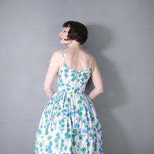 Load image into Gallery viewer, 60s BLUE VIOLET FLORAL STRAPPY FULL SKIRTED SUN DRESS - XS