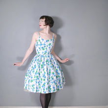 Load image into Gallery viewer, 60s BLUE VIOLET FLORAL STRAPPY FULL SKIRTED SUN DRESS - XS