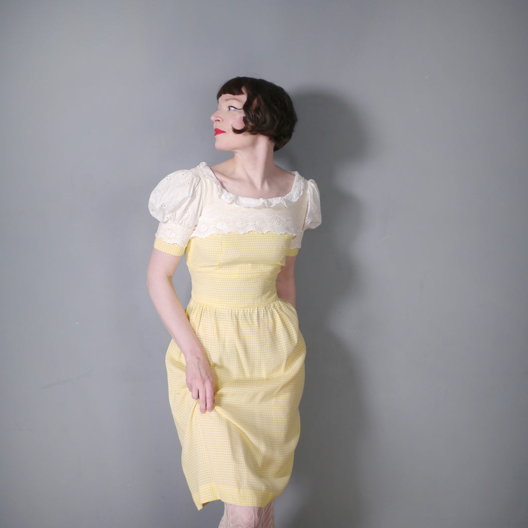 60s 70s QUAD YELLOW GINGHAM DRESS WITH AMAZING PUFF SLEEVES - XS