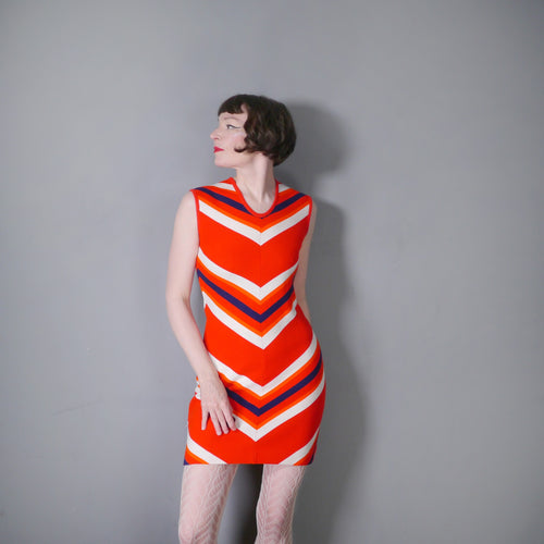 60s BOLD RED CHEVRON STRIPED PONTE KNIT DAY DRESS - S