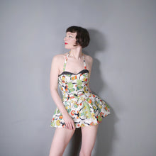 Load image into Gallery viewer, 50s SHIRRED COTTON NOVELTY DRUMMER LADY PRINT SWIMSUIT - S