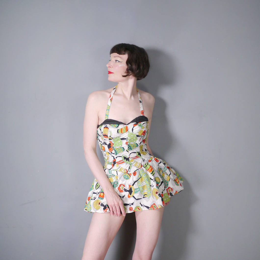 50s SHIRRED COTTON NOVELTY DRUMMER LADY PRINT SWIMSUIT - S