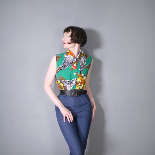 50s 60s GREEN NEWSPAPER WRAPPED BOUQUETS SLEEVELESS BLOUSE / SHIRT - M