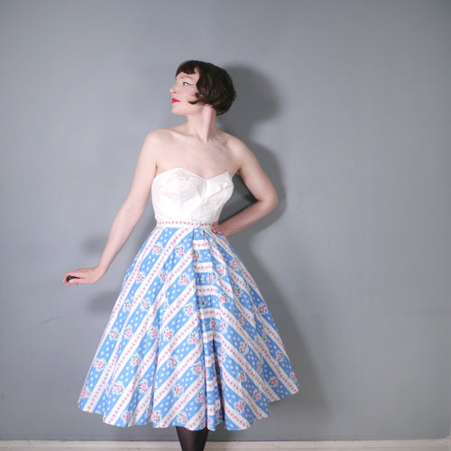 50s BLUE AND PINK ROSE PRINT BUTTON THROUGH FLORAL ST MICHAEL SKIRT - 26