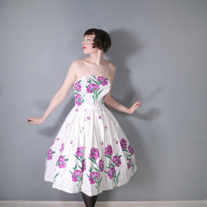 50s STRAPLESS PURPLE BIG CARNATION BORDER PRINT FULL SKIRTED DRESS - XS-S