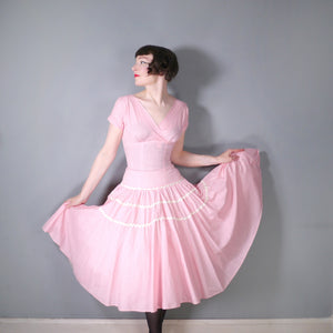 50s PINK GINGHAM FULL SKIRTED COTTON DRESS WITH RICRAC TIERS - XS