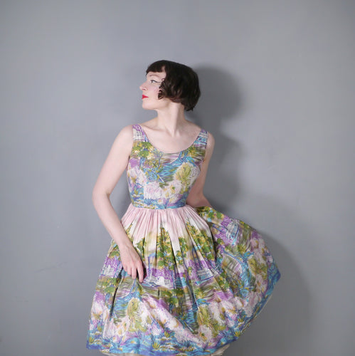 50s NOVELTY BORDER PRINT NATCHEZ STEAMBOAT NEW ORLEANS DRESS - XS