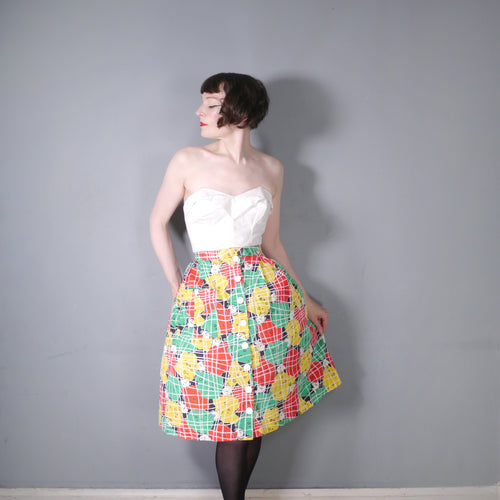 50s BRIGHT RED YELLOW AND GREEN WAFFLE COTTON FISH PRINT SKIRT - 31